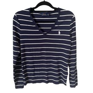 Ralph Lauren Navy and White Striped V-Neck Top